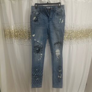 Light Blue Straight Leg Women’s Jeans with Graphic & Distressed Details